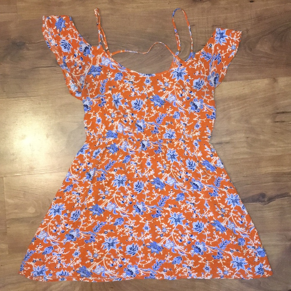 Forever21 Orange/Blue Floral Shoulder-less Dress